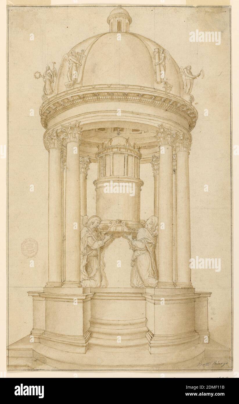 Progetto per un tabernacolo destinato ad essere eseguito in bronzo, penna, pennello e biestre su carta, composizione verticale di un tabernacolo. La cupola di un padiglione aperto è sorretta da quattro coppie di colonne corinzie. All'interno vi sono quattro angeli inginocchiati che sostengono un'alta struttura circolare. Ai piedi della cupola si trovano quattro angeli con le braccia della Passione sopra l'entablatura. Il progetto non è mostrato nella sua interezza., Milano, Italia, 1575–1600, disegno Foto Stock