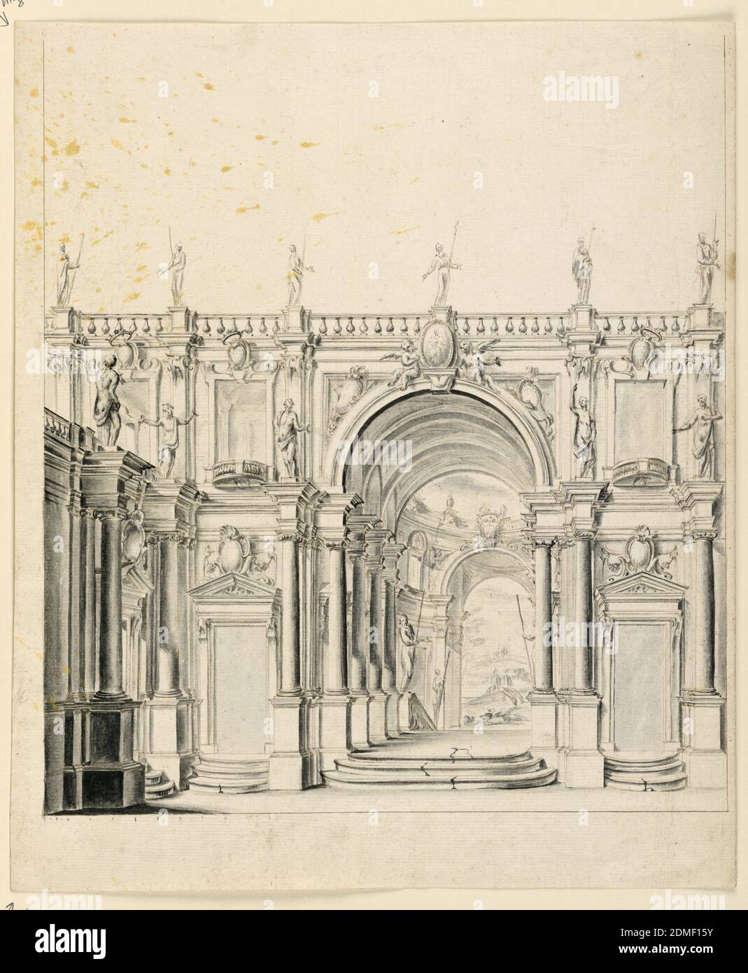 Scenografia: Architettura del Palazzo, penna e biestre, pennello e seppia lavano su carta, rettangolo verticale che mostra uno spazio architettonico esterno. Una parete del palazzo è sormontata da una balaustra e da sei sculture. Al centro, sotto uno stemma, le scale fessurate conducono ad un arco., Italia, inizio XVIII secolo, teatro, disegno Foto Stock