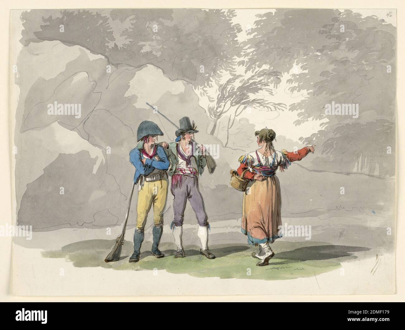 Una donna e due uomini con armi. Costumi del Regno di Napoli, Bartolomeo Pinelli, Romano, 1781 - 1835, carta, con lievi alterazioni, simile alla piastra 46, loc. Cit., Italia, 1807–08, disegno Foto Stock Una donna e due uomini con armi. Costumi del Regno di Napoli, Bartolomeo Pinelli, Romano, 1781 - 1835, carta, con lievi alterazioni, simile alla piastra 46, loc. Cit., Italia, 1807–08, disegno Foto Stock