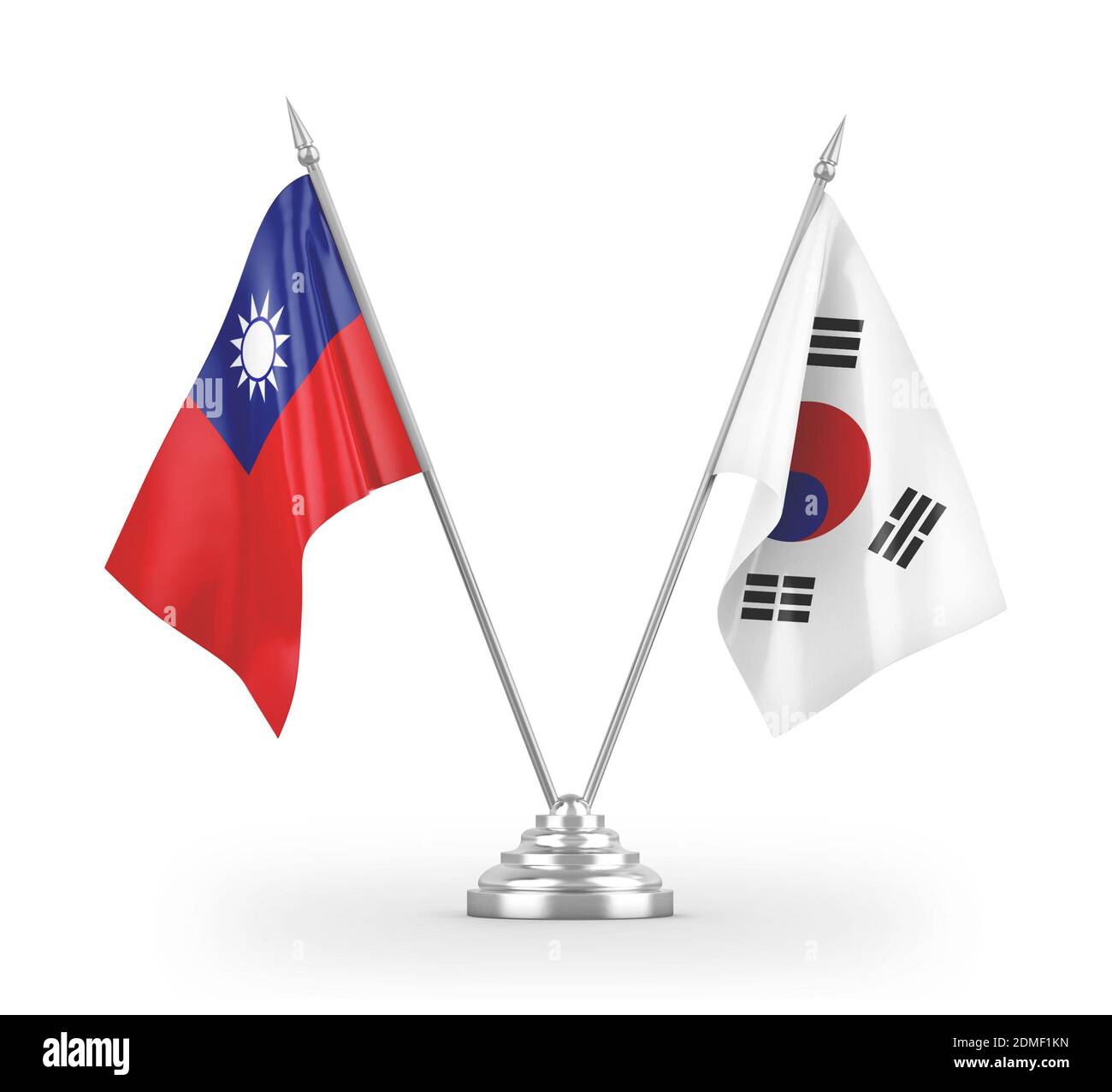 Bandiere da tavolo della Corea del Sud e di Taiwan isolate su 3D bianco rendering Foto Stock