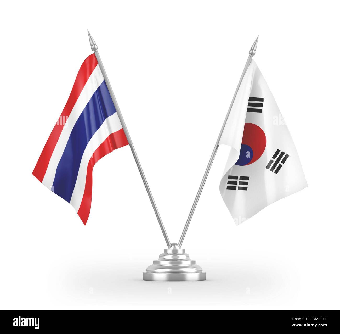Bandiere da tavolo della Corea del Sud e della Thailandia isolate su 3D bianco rendering Foto Stock