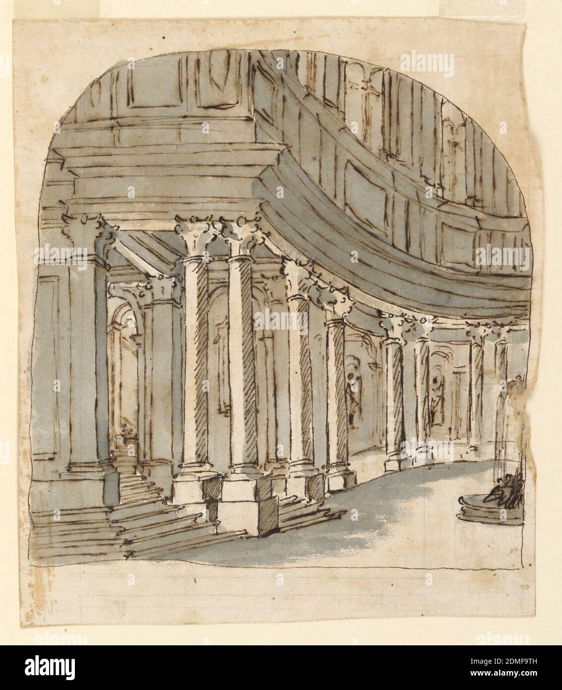 Scenografia: Portico curvante, penna e inchiostro, pennello e seppia lavano su carta, rettangolo verticale con portico curvante sorretto da coppie di colonne corinzie, Italia, fine XVII secolo, teatro, disegno Foto Stock