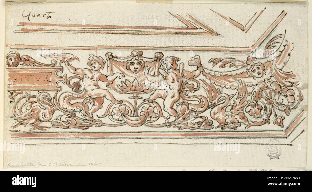 Disegno per fregio verniciato, grafite, penna e inchiostro, pennello e acquerello su carta, rettangolo orizzontale. A sinistra, una compressa parziale con "IGITVR. Una testa alata sulla parte superiore. Due putti seduti tra un rinceaux., Italia, fine 18 ° secolo, interni, disegno Foto Stock
