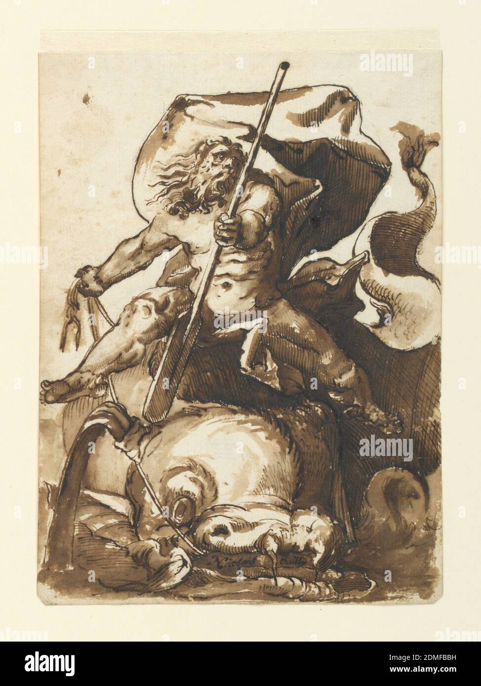 Una fontana con Nettuno dopo Hendrik Goltzius, Nicolas Bailly, francese, 1659 – 1736, Hendrik Goltzius, Netherlandish, 1558 – 1617, pennello e lavaggio, penna e inchiostro, su carta., Figura di Nettuno o Poseidon dopo un taglio di legno di Hendrik Goltzius. Nettuno, tenendo una pagaia, è visto a cavallo di un delfino, che egli guida con le redini., Francia, 1685–1735, architettura, disegno Foto Stock