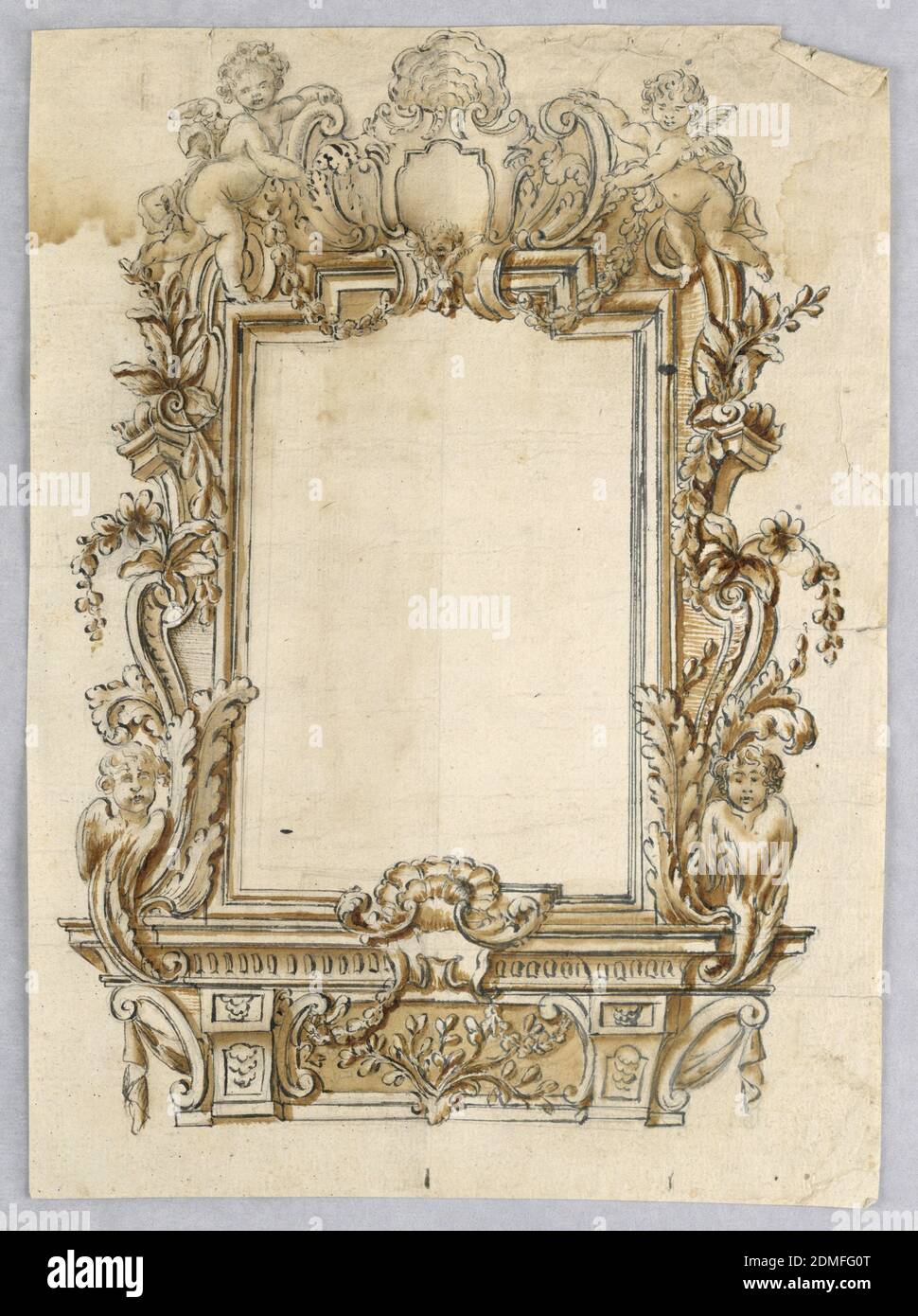 Progetto per una cornice, pennello e inchiostro nero con lavaggio marrone e tracce di grafite supporto: Carta defilata biancastra, probabilmente Roma, Italia, 1730–60, disegno Foto Stock