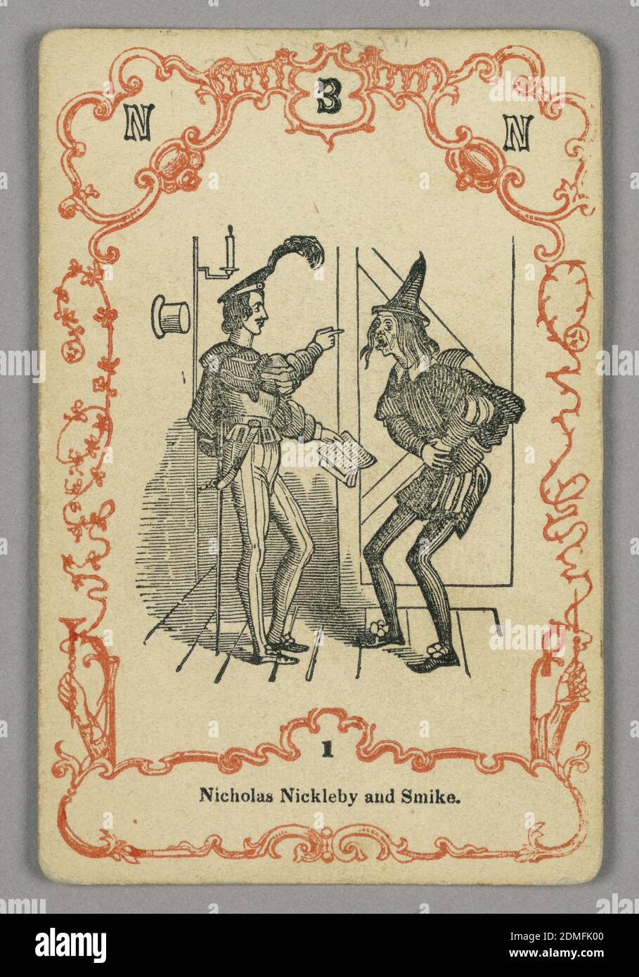 Carta da gioco, inchiostro rosso e nero, carta, in alto: N 3 N; sotto immagine centrale: 1, Europa, ca. 1855, carta da gioco Foto Stock