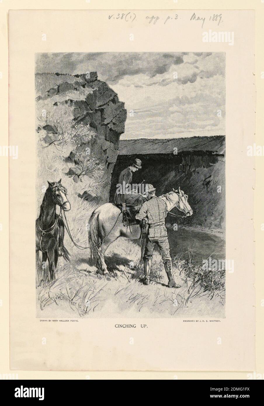 Cinching Up, Illustrazione per il Century Magazine (XXXVIII, No. 1, Maggio 1889, pag. 2), Mary A. Hallock Foote, American, 1847–1938, John Henry Ellsworth Whitney, American, 1840–1891, incisione in legno su carta nera, l'uomo assiste la giovane donna che è seduta su un cavallo. Canyon in background., USA, 1889, graphic design, Stampa Foto Stock