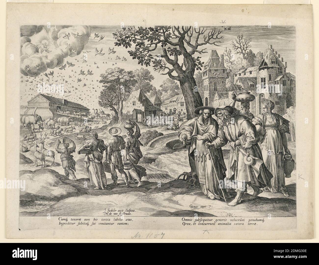 Arca di Noè, Jan Sadeler, il Vecchio, ca. 1550 – 1600, Marten de Vos, Fiammingo, 1532-1603, incisione supporto: Carta bianca, Paesi Bassi, Paesi Bassi, 1657, grafica, Stampa Foto Stock