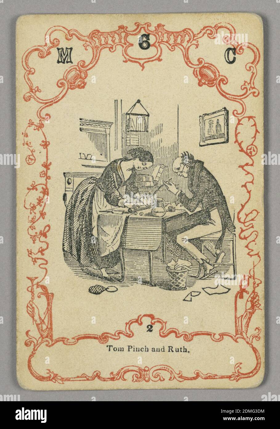 Carta da gioco, inchiostro rosso e nero, carta, in alto: M 6 C; sotto immagine centrale: 2, Europa, ca. 1855, carta da gioco Foto Stock