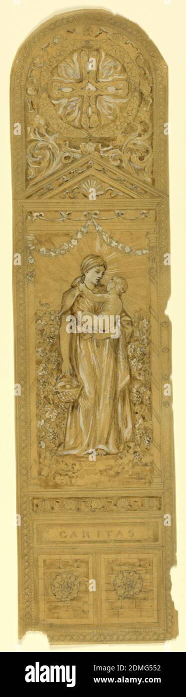 Caritas, disegno per una vetrata, Francis Augustus Lathrop, American, 1849 - 1909, pennello e acquerello, gouache bianco, grafite su carta da ricalco, Tall, composizione verticale con sommità arcuata. Al centro, figura femminile in piedi, girò leggermente a destra, con un bambino nel braccio sinistro e un cesto alla sua destra. Fogliame a sinistra e a destra. Croce in una grande rosetta, sopra. Caritas scritta sulla base, sopra due pannelli con fiori., USA, ca. 1890, architettura, disegno Foto Stock