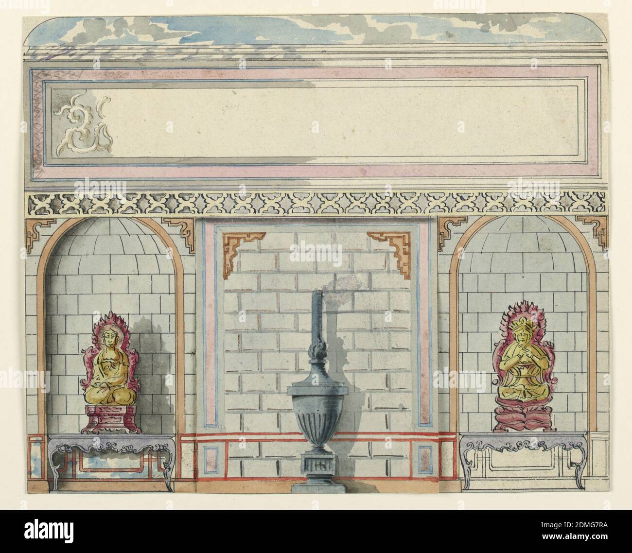 Ingresso Hall, parete Est, Royal Pavilion, Brighton, Frederick Crace, inglese, 1779–1859, pennello e acquerello, penna e inchiostro su carta, un pannello, dipinto a imitazione di pietra con una grande stufa a urna in piedi di fronte ad esso. Pannello sopra incompleto., Inghilterra, prima del 1802, architettura, disegno Foto Stock