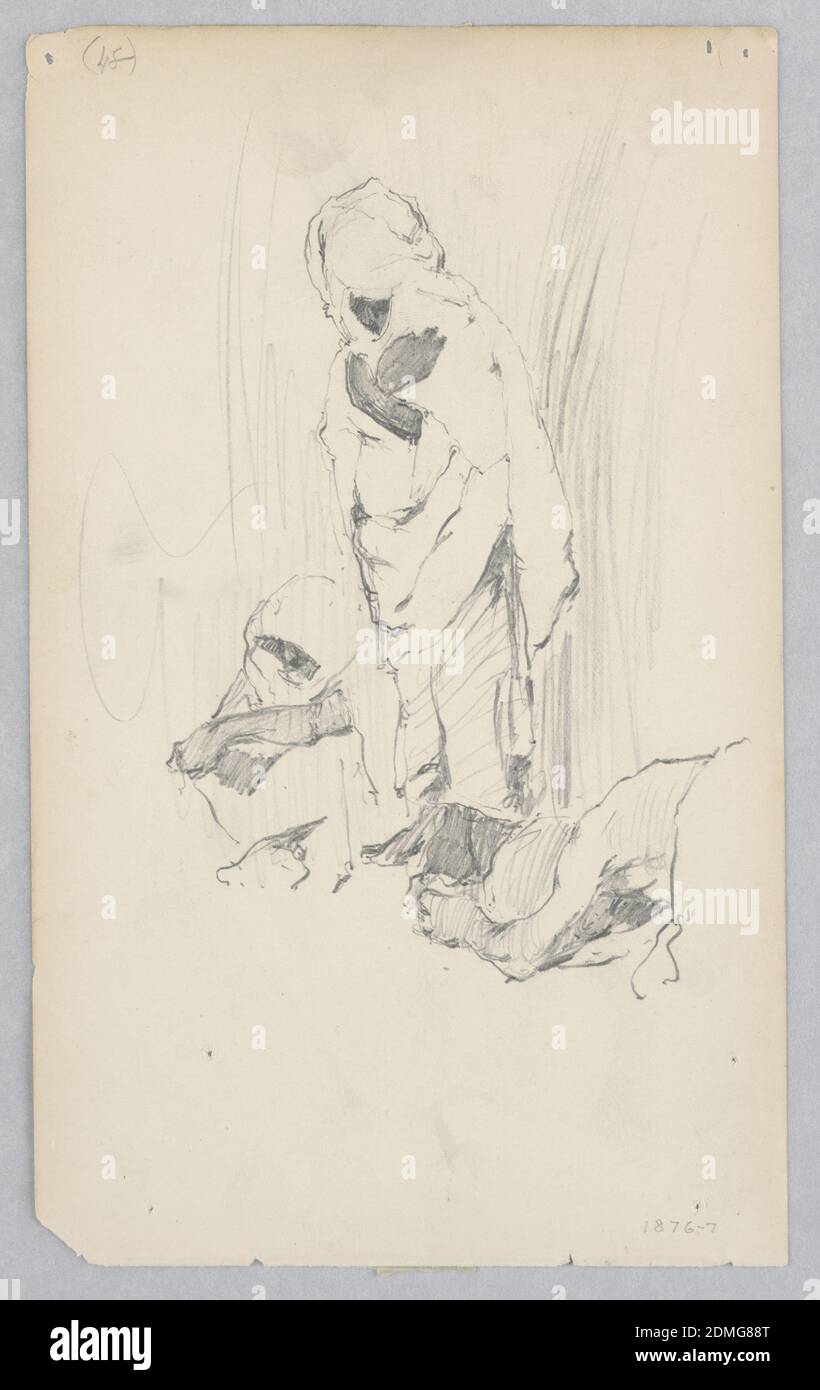Uomini, Robert Frederick Blum, americano, 1857–1903, grafite su carta in wove, schizzo di tre figure maschili; centrocleft, figura maschile seduta con testa coperta; centro, figura maschile in piedi con testa coperta; Centro destra, vista parziale di una figura maschile che giace sul pavimento con le braccia che ricoprono il viso., USA, 1876–1877, figure, disegno Foto Stock