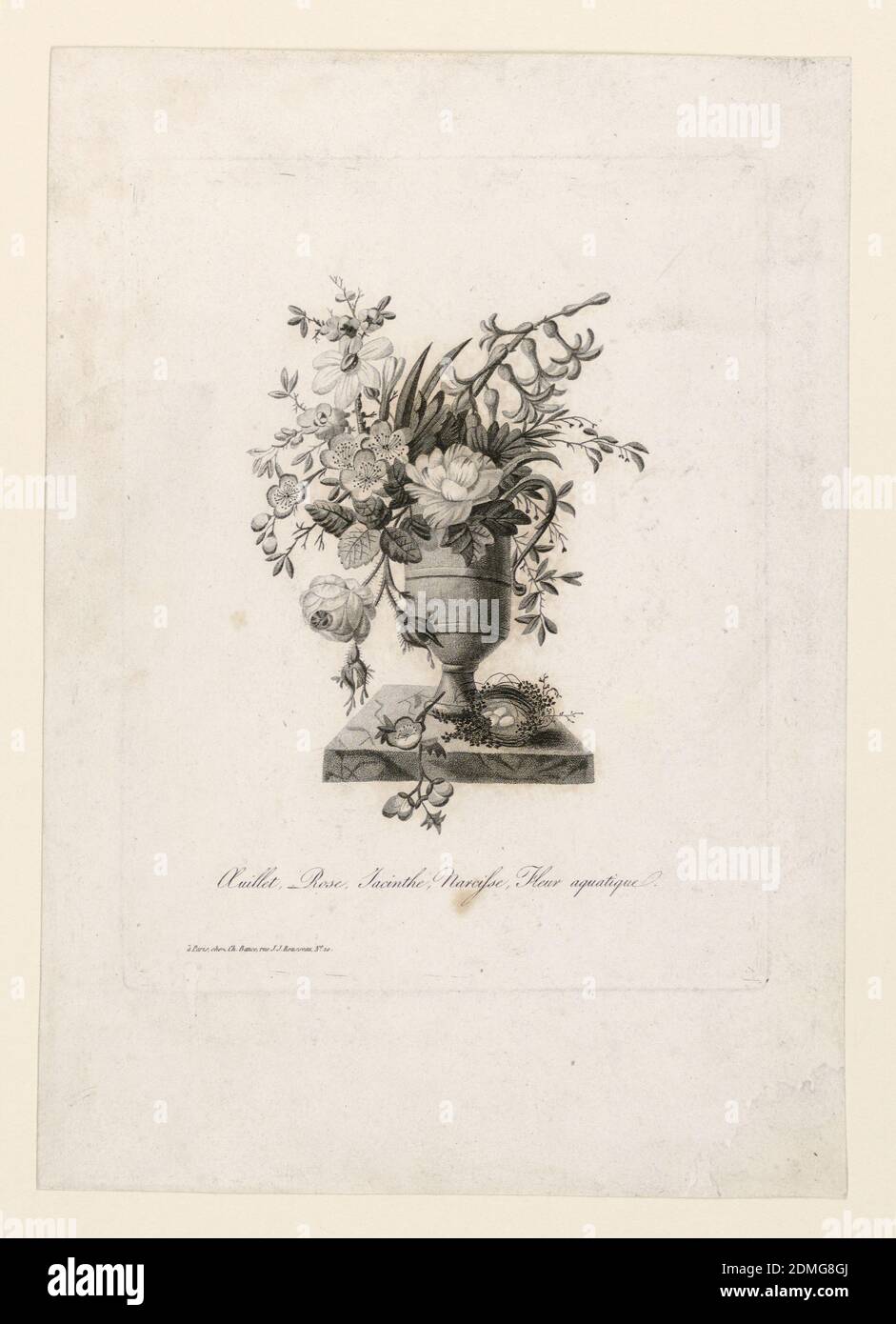 Vaso dei Fiori, Charles Bance, francese, attivo 1793 - 1823, incisione su carta, urna contenente rose, giacinti e fiori acquatici. Un nido d'uccello sulla base., Francia, ca. 1810, Stampa Foto Stock