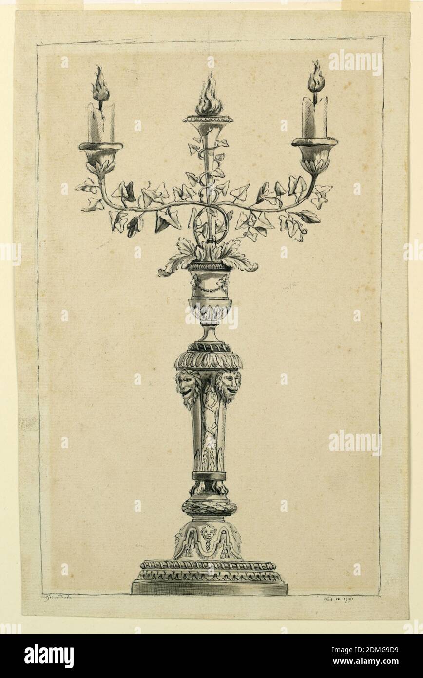 Progetto per un candelabro, penna e inchiostro, pennello e lavaggio su carta, un supporto a forma di vaso su un albero a cui leone chimerae sono fissati. Da un calice sul case superiore si levano due steli d'edera che trasportano le prese con le candele a bassa combustione e una presa a forma di tromba e che porta un fuoco. Linee di framing e margine., Francia, 1791, disegno Foto Stock