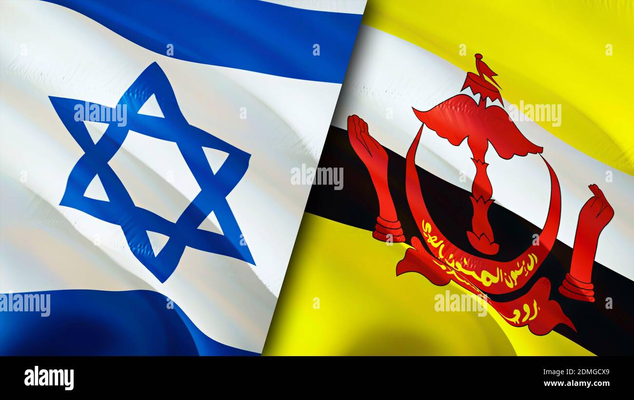 Israele e Brunei bandiere. Progettazione di bandiere ondulate 3D. Israele Brunei bandiera, foto, sfondo. Immagine Israele vs Brunei,rendering 3D. Israele Brunei relazioni a Foto Stock