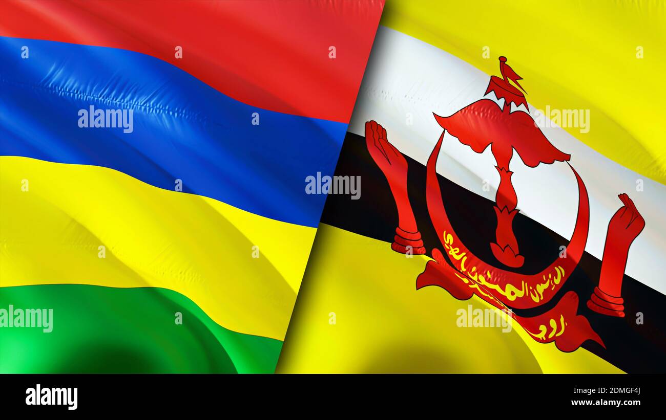 Mauritius e Brunei bandiere. Progettazione di bandiere ondulate 3D. Mauritius Brunei bandiera, foto, sfondo. Immagine Mauritius vs Brunei,rendering 3D. Mauritius Brunei Foto Stock