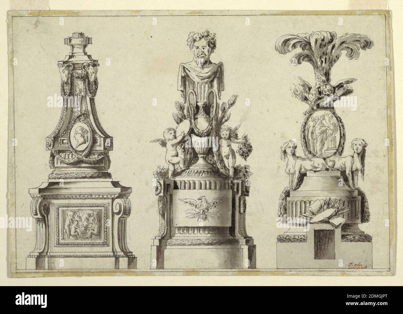 Disegni per tre piedistallo, Jean-Charles Delafosse, francese, 1734–1791, penna e inchiostro nero, pennello e acquerello su carta deformata biancastra, a sinistra: Albero alto decorato con due teste di montoni, disegnate in ghirlande, sotto una placca ritratto contenente un profilo di una donna rivolta a sinistra, base che brandiscia rilievo centrale di putti., Centro: Due putti alato fiancheggiano un'urna in stile antico talla da cui sorge un busto di Bacco, la base porta un'aquila in rilievo., destra: Sopra la base due sfingi fiancheggiano il rilievo del medaglione raffigurante tre figure e fumo bilowing, sormontato da trofeo di uccelli, un fremito di frecce Foto Stock