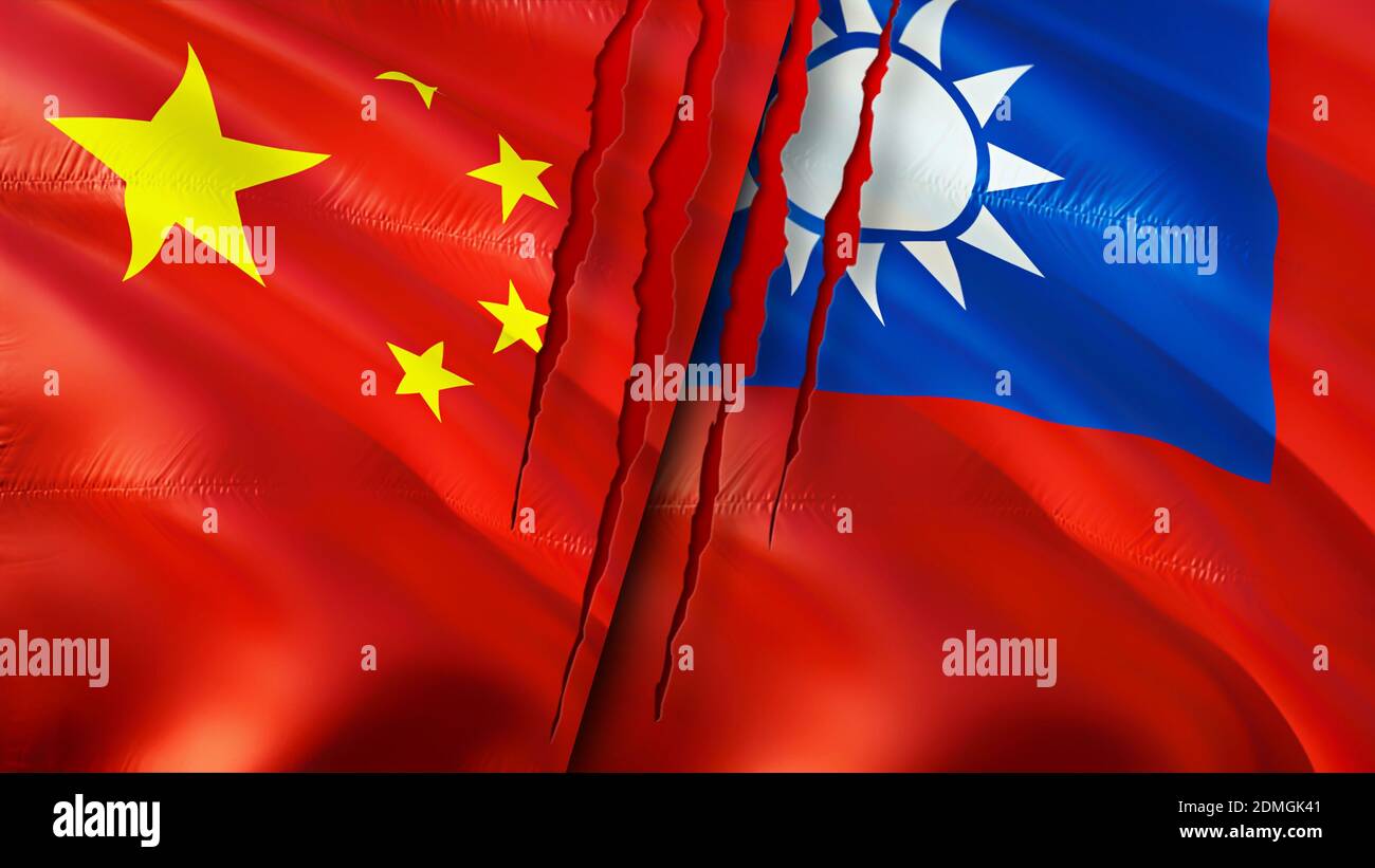 Bandiere di Cina e Taiwan con concetto di cicatrice. Flag di ondulazione, rendering 3D. Concetto di conflitto tra Cina e Taiwan. Cina Taiwan relazioni concetto. Bandiera della Cina A. Foto Stock