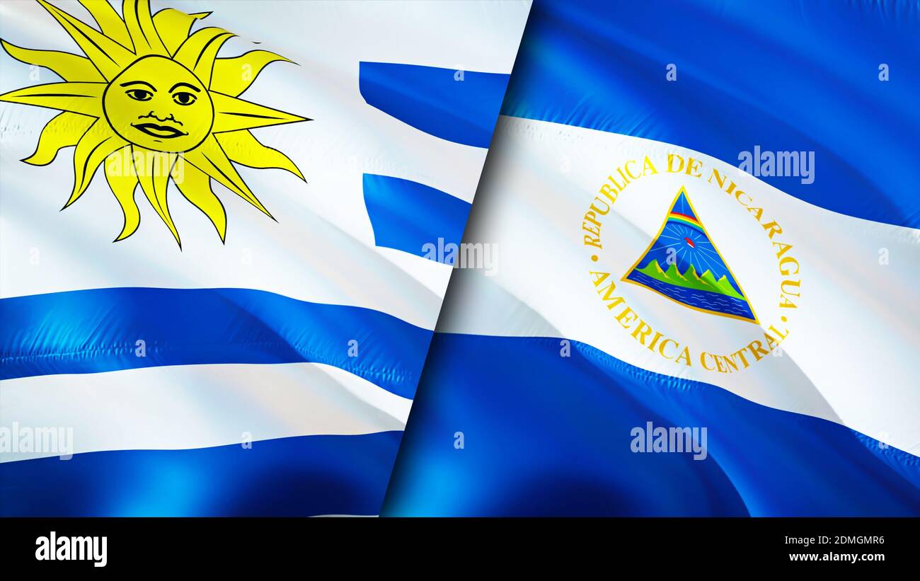 Bandiere dell'Uruguay e del Nicaragua. Progettazione di bandiere ondulate 3D. Uruguay Nicaragua bandiera, foto, sfondo. Immagine Uruguay vs Nicaragua,rendering 3D. Nicar dell'Uruguay Foto Stock