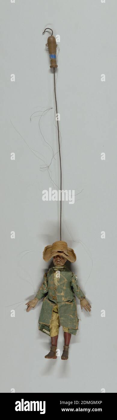Il Vappo, legno intagliato e dipinto, vetro e tessuto, set di marionette Commedia dell'arte, ognuna con maschere facciali e costume di stock carattere. Il Vappo raffigurato con un grande cappello di paglia, una lunga giacca blu e calze rosse., Italia, XVIII secolo, teatro, Arti Decorative, Puppet, Puppet Foto Stock