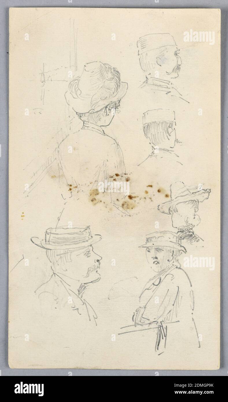 Bozzetti di teste, Arnold William Brunner, americano, 1857–1925, grafite su  carta; verso: Carta verde, bozzetti di donne e uomini in cappelli. In alto,  schizzi di teste disegnate da dietro. Fondo, schizzi di