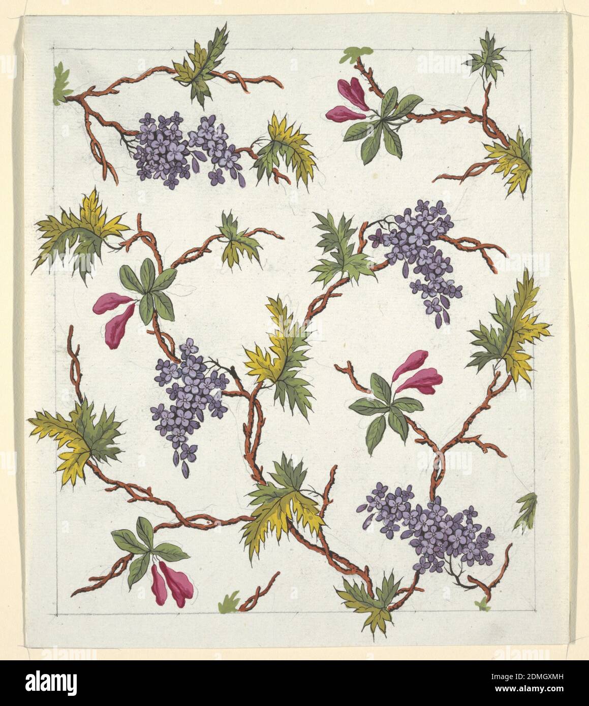 Disegno floreale per tessuti stampati, Louis-Albert DuBois, Svizzera, 1752–1818, Pennello e gouache, grafite su carta wove bianca, lilla viola, foglie verdi e gialle su ramoscelli marroni su terreno bianco., Francia, 1800–1818, disegni tessili, disegno Foto Stock