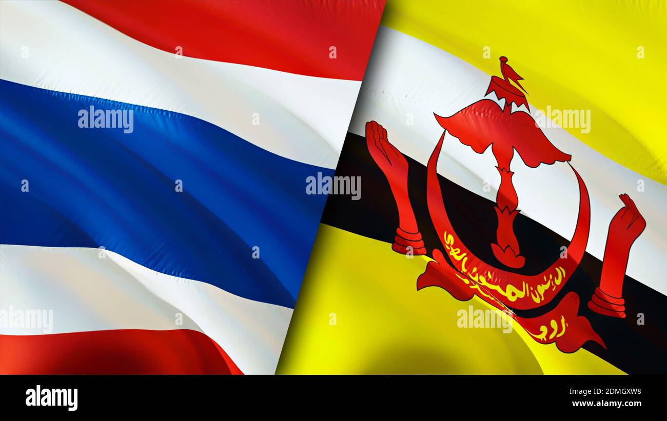 Bandiere della Thailandia e del Brunei. Progettazione di bandiere ondulate 3D. Thailandia Brunei bandiera, foto, sfondo. Immagine Thailandia vs Brunei,rendering 3D. Thailandia Brunei rel Foto Stock