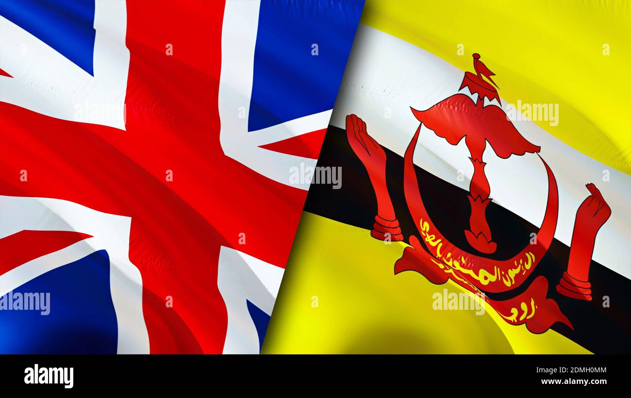 Bandiere del Regno Unito e del Brunei. Progettazione di bandiere ondulate 3D. Regno Unito Brunei bandiera, foto, sfondo. Regno Unito vs Brunei immagine,rendering 3D. U Foto Stock