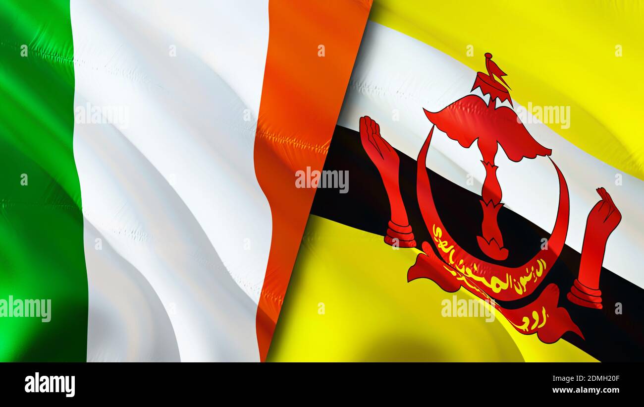 Bandiera dell'Irlanda e del Brunei. Progettazione di bandiere ondulate 3D. Irlanda Brunei bandiera, foto, sfondo. Immagine Irlanda vs Brunei, rendering 3D. Irlanda Brunei relatio Foto Stock