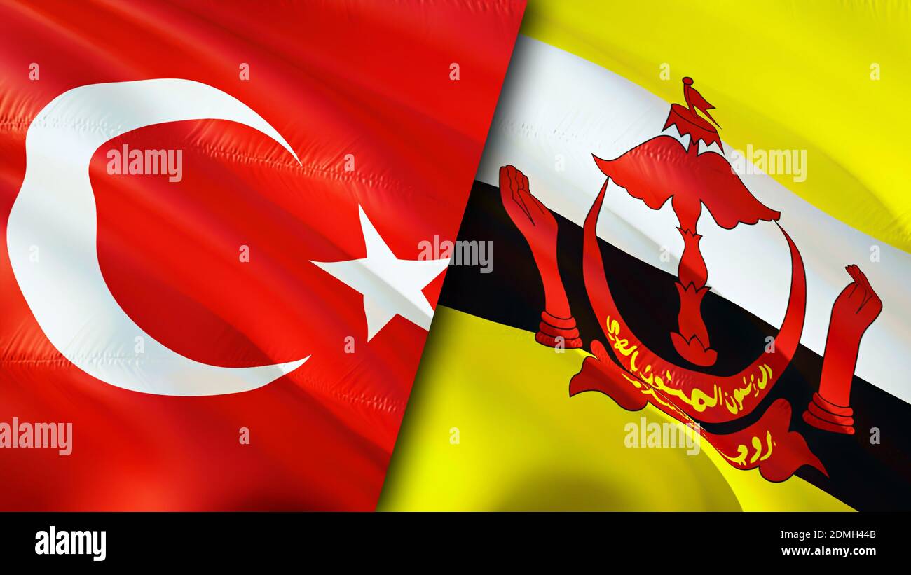Bandiere della Turchia e del Brunei. Progettazione di bandiere ondulate 3D. Turchia Brunei bandiera, foto, sfondo. Immagine Turchia vs Brunei, rendering 3D. Turchia Brunei relazioni a Foto Stock