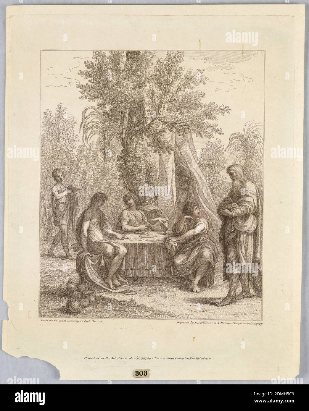 Abramo intrattiene tre Angeli, Francesco Bartolozzi, italiano, Inghilterra attiva, 1727–1815, Lodovico Carracci, italiano, 1555 - 1619, John Chamberlaine, inglese, 1745 - 1812, incisione e incisione a filo in inchiostro marrone su carta bianca, i tre angeli siedono al centro di un tavolo, con Abramo a destra. La tavola è impostata, ci sono delle caraffe nell'angolo inferiore sinistro. A sinistra, un servo che porta un vassoio, e da una tenda oltre, una donna appare., Inghilterra, 1797, Stampa Foto Stock