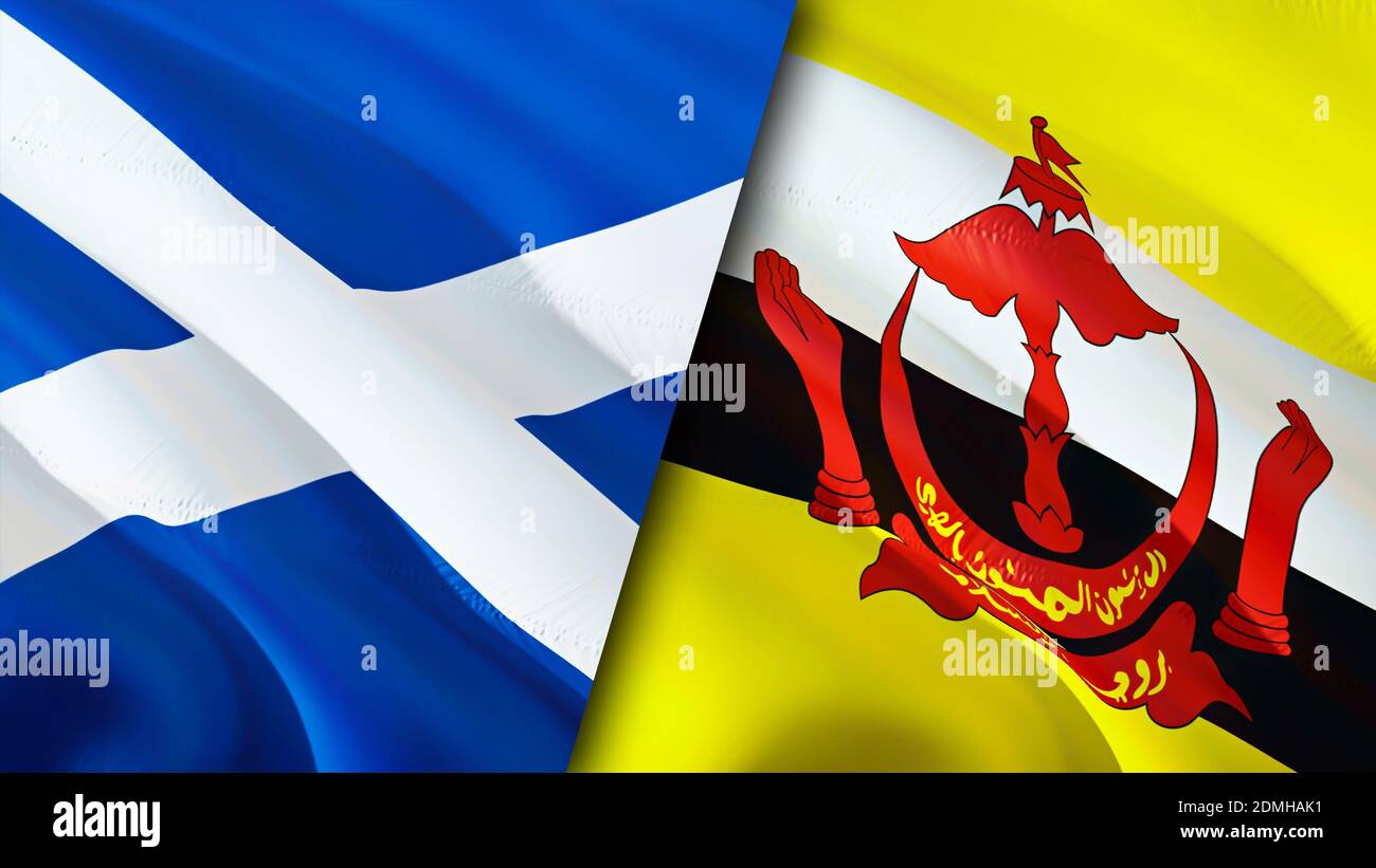 Bandiere della Scozia e del Brunei. Progettazione di bandiere ondulate 3D. Scozia Brunei bandiera, foto, sfondo. Immagine Scotland vs Brunei,rendering 3D. Scozia Brunei rel Foto Stock