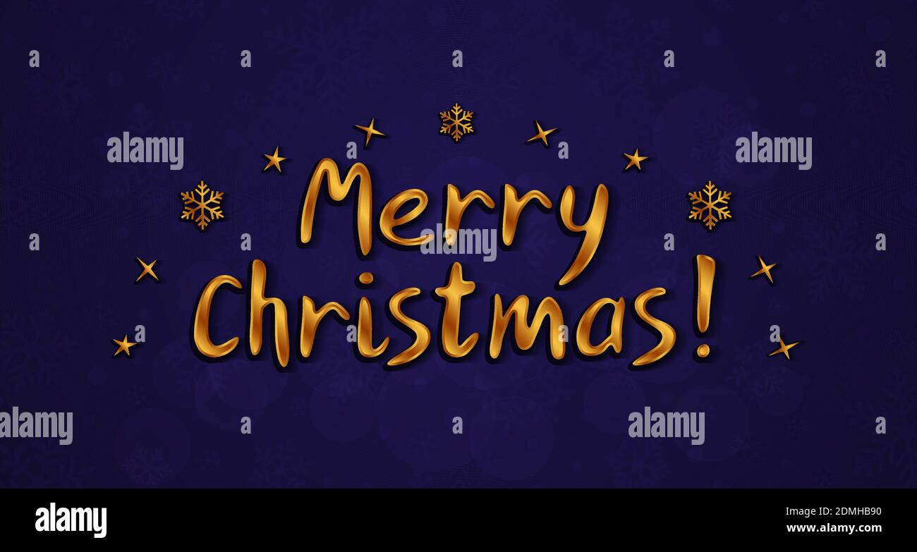 Merry Christmas golden lettering on navy blue background with snowflakes. Elegant decoration for poster, flyer, invitation, website. Illustrazione Vettoriale