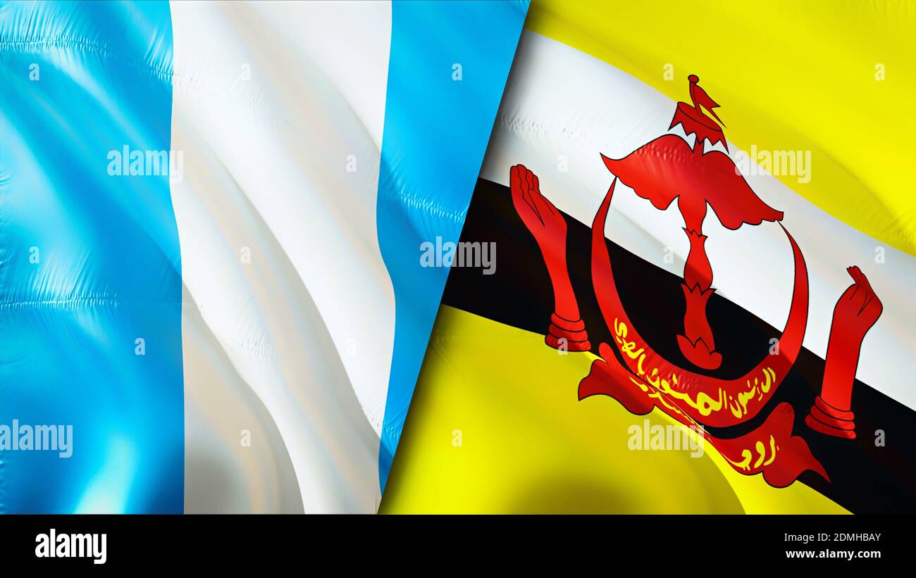 Bandiere del Guatemala e del Brunei. Progettazione di bandiere ondulate 3D. Guatemala Brunei bandiera, foto, sfondo. Immagine Guatemala vs Brunei,rendering 3D. Guatemala Brunei Foto Stock