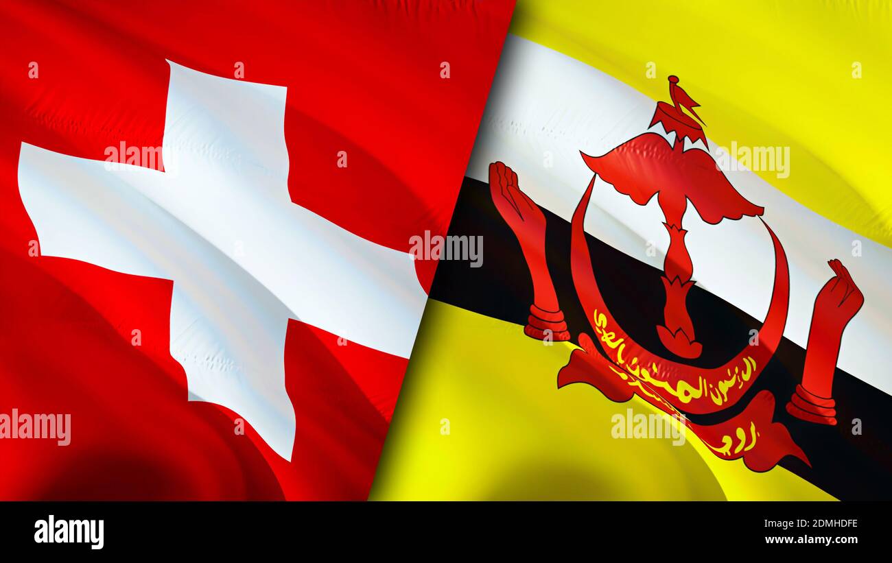 Bandiere della Svizzera e del Brunei. Progettazione di bandiere ondulate 3D. Svizzera Brunei bandiera, foto, sfondo. Immagine Svizzera vs Brunei, rendering 3D. Svizzeran Foto Stock