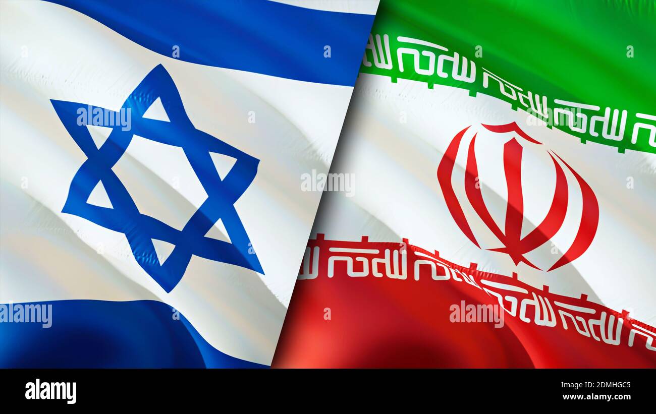 Israele e Iran bandiere. Progettazione di bandiere ondulate 3D. Israele Iran bandiera, foto, sfondo. Immagine Israele vs Iran,rendering 3D. Israele Iran relazioni alleanza Foto Stock