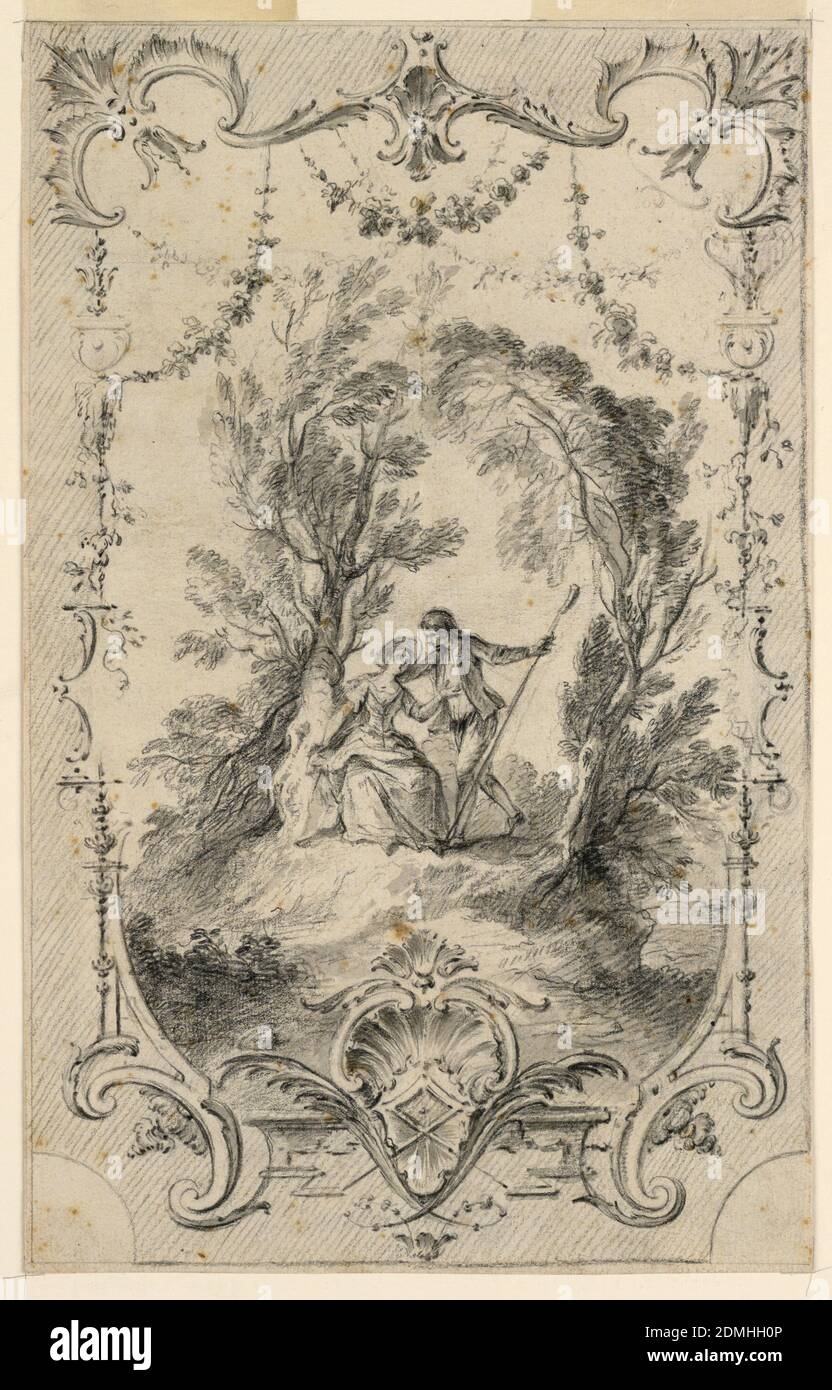 Il Pastore desideroso [le Berger Empressé], Gabriel Huquier, francese, 1695–1772, Antoine Watteau, (francese, 1684–1721), gesso nero, pennello e lavaggio grigio, tracce di pennino su carta panna, UN pastore avanza ad una pastorella seduta da un albero gnarlato su una banca; un altro albero incornicia la composizione a destra. Cornice Arabesque composta da ghirlande, conchiglie, rotoli agganciati e ornamenti con ali di pipistrelli. I bordi esterni della composizione sono ombreggiati., Francia, ca. 1730, ornamento, disegno Foto Stock