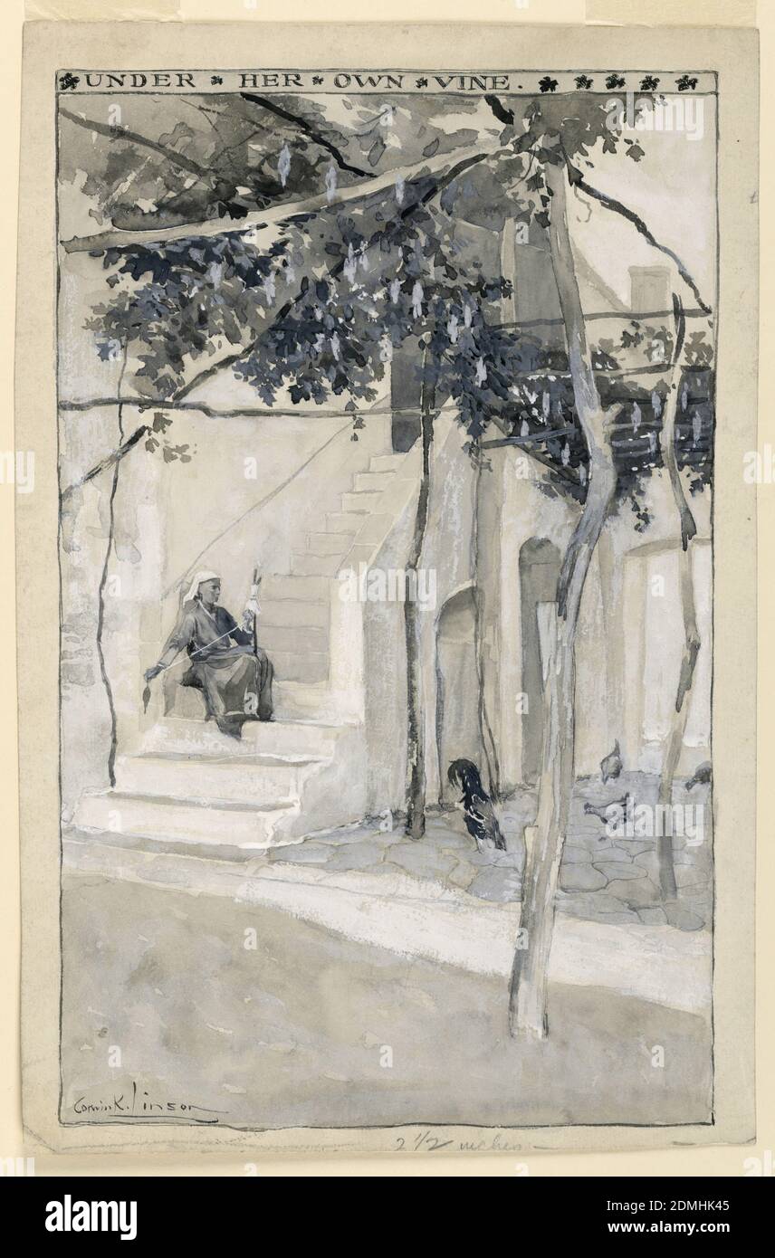 Sotto il suo proprio Vine, Illustrazione per 'Modern Athens', Corwin Knapp Linson, American, 1864 – 1959, Charles Scribner's Sons, New York, New York, USA, Graphite; Pennello e lavaggio grigio e gouache bianco su carta wove bianca, scena raffigura il cortile di una casa mediterranea, ombreggiata da un albero d'uva, con polli che picchiano sotto a destra. Una donna si siede su un volo di gradini a sinistra, filando una distaff., USA, ca. 1901, disegno grafico, disegno Foto Stock