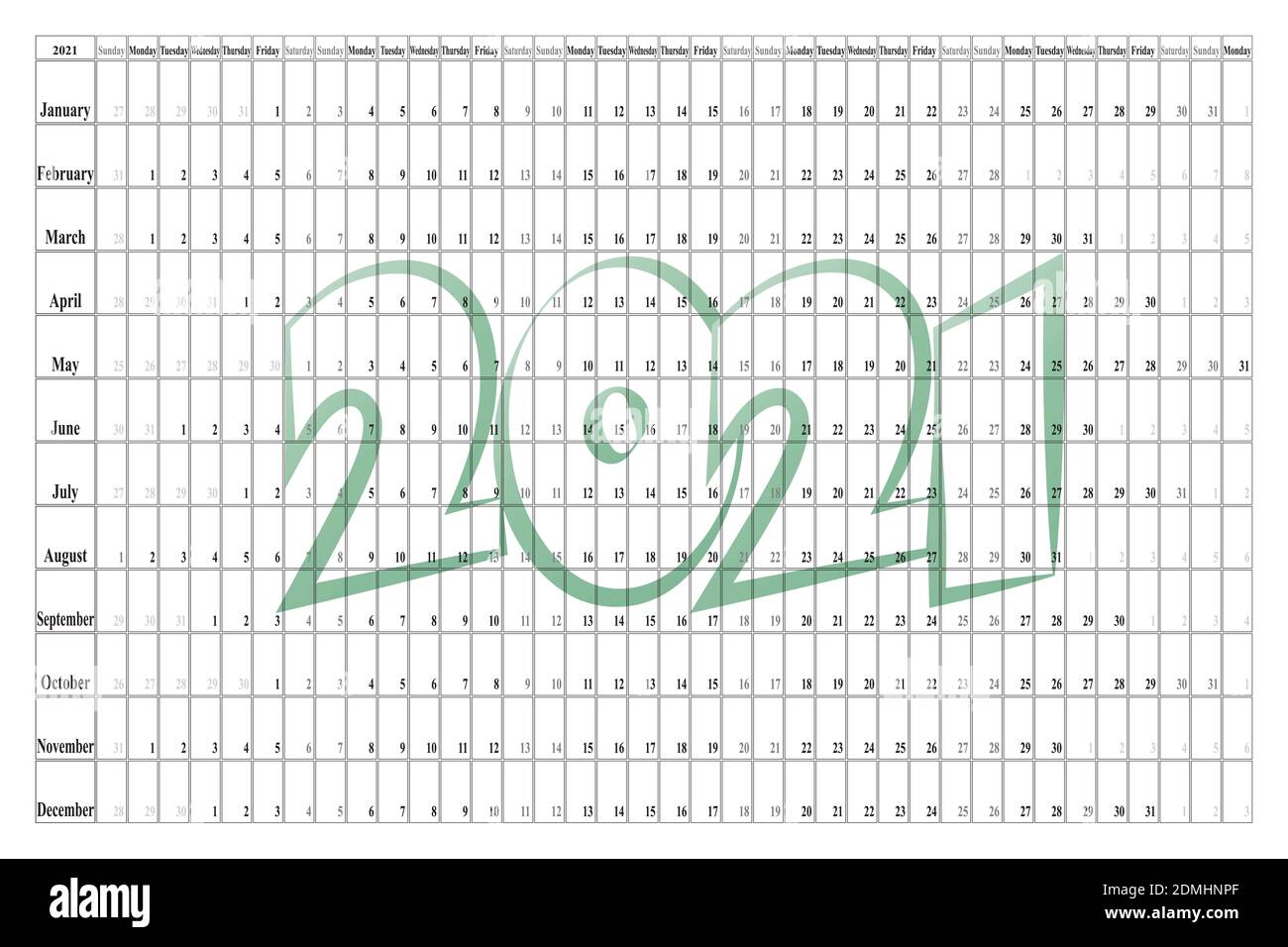 GREEN Landscape 2021 Wall Planner mese fila Capodanno Foto Stock