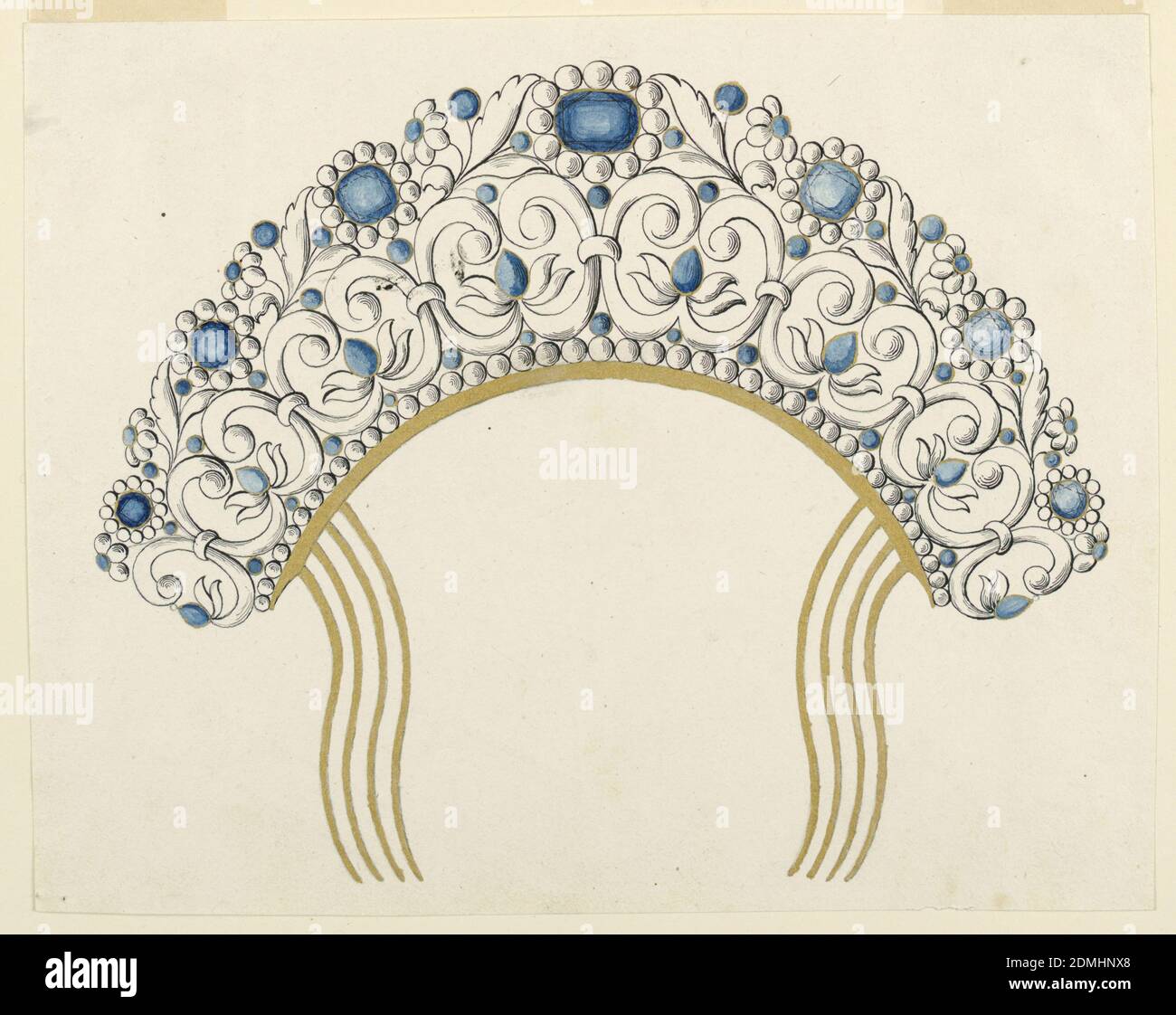 Design per capelli Jeweled, penna e inchiostro nero, acquerello blu, vernice oro, grafite supporto: Carta biancastra, Italia, 1800–1850, gioielli, disegno Foto Stock