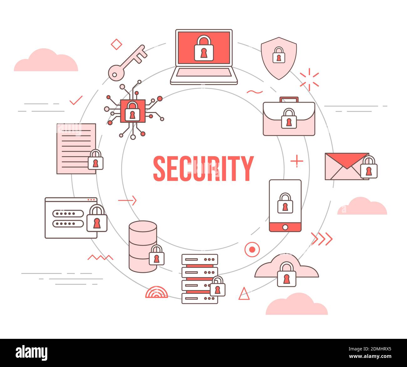 concetto di sicurezza lucchetto chiave computer portatile protezione password smartphone e-mail adatta server dati caso con banner modello set di icone con arancione moderno Foto Stock