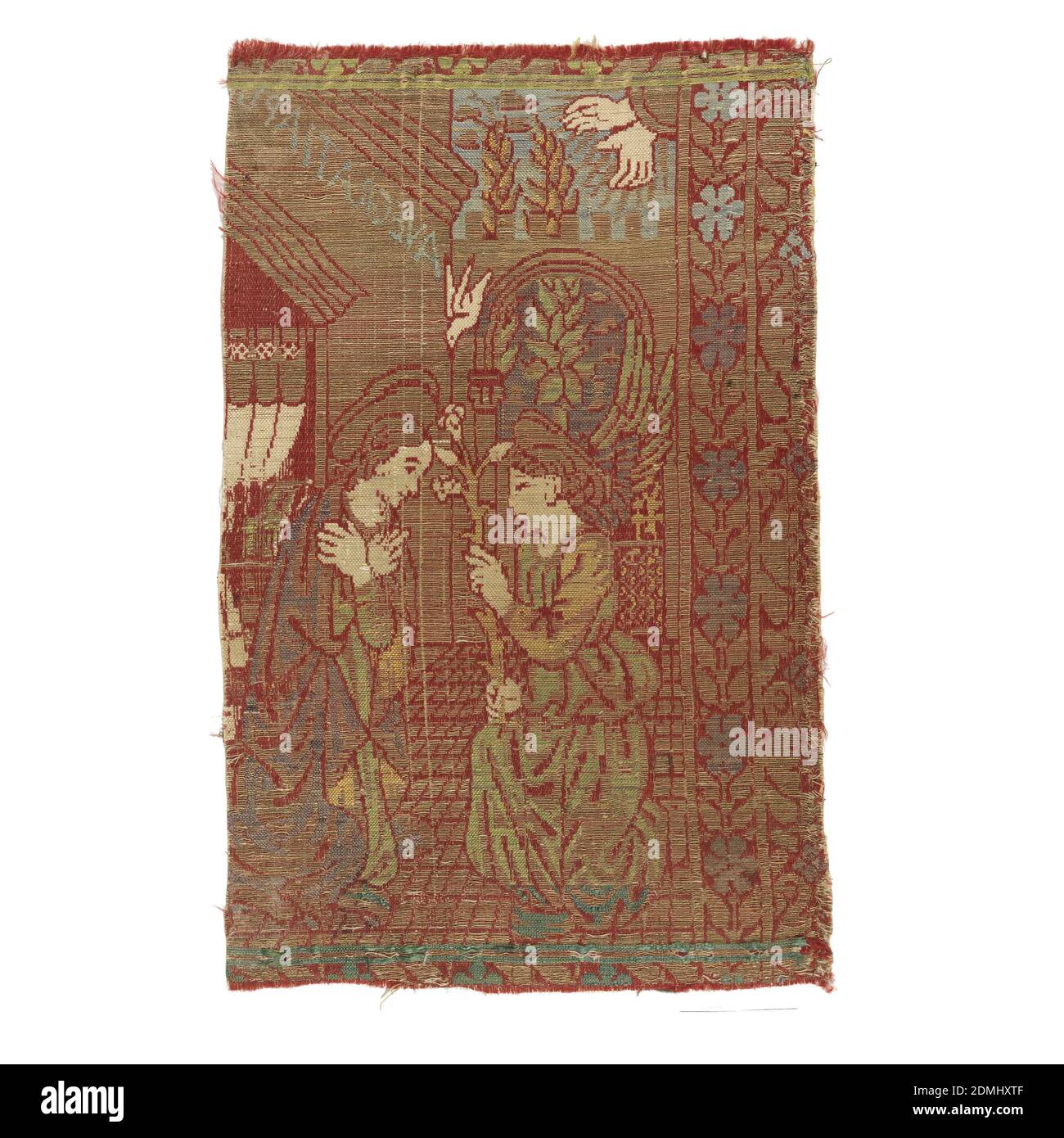 Orphrey band, Medium: Seta, metallo avvolto lino tecnica: Tessuto, parte di una scena Annunciazione con le mani di Dio che entrano dall'angolo in alto a destra e parte di un'iscrizione vista in rovescio sotto le anse., Italia, XVI secolo, tessuti tessuti, Orphrey band Foto Stock