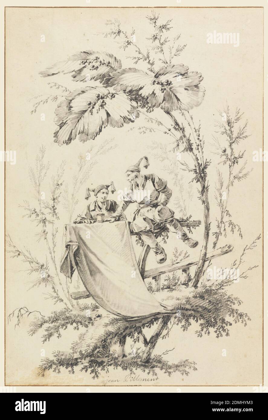 Design for Title Page, Cahier des Parasols Chinois, Jean-Baptiste Pillement, francese, 1728–1808, penna e inchiostro marrone, pennello e inchiostro nero, gesso nero, sotto gli alberi fantasiosi, un uomo cinese e una donna sono seduti su una sezione di recinzione rustica, su cui pende un panno destinato al titolo., ca. 1770, ornamento, disegno Foto Stock