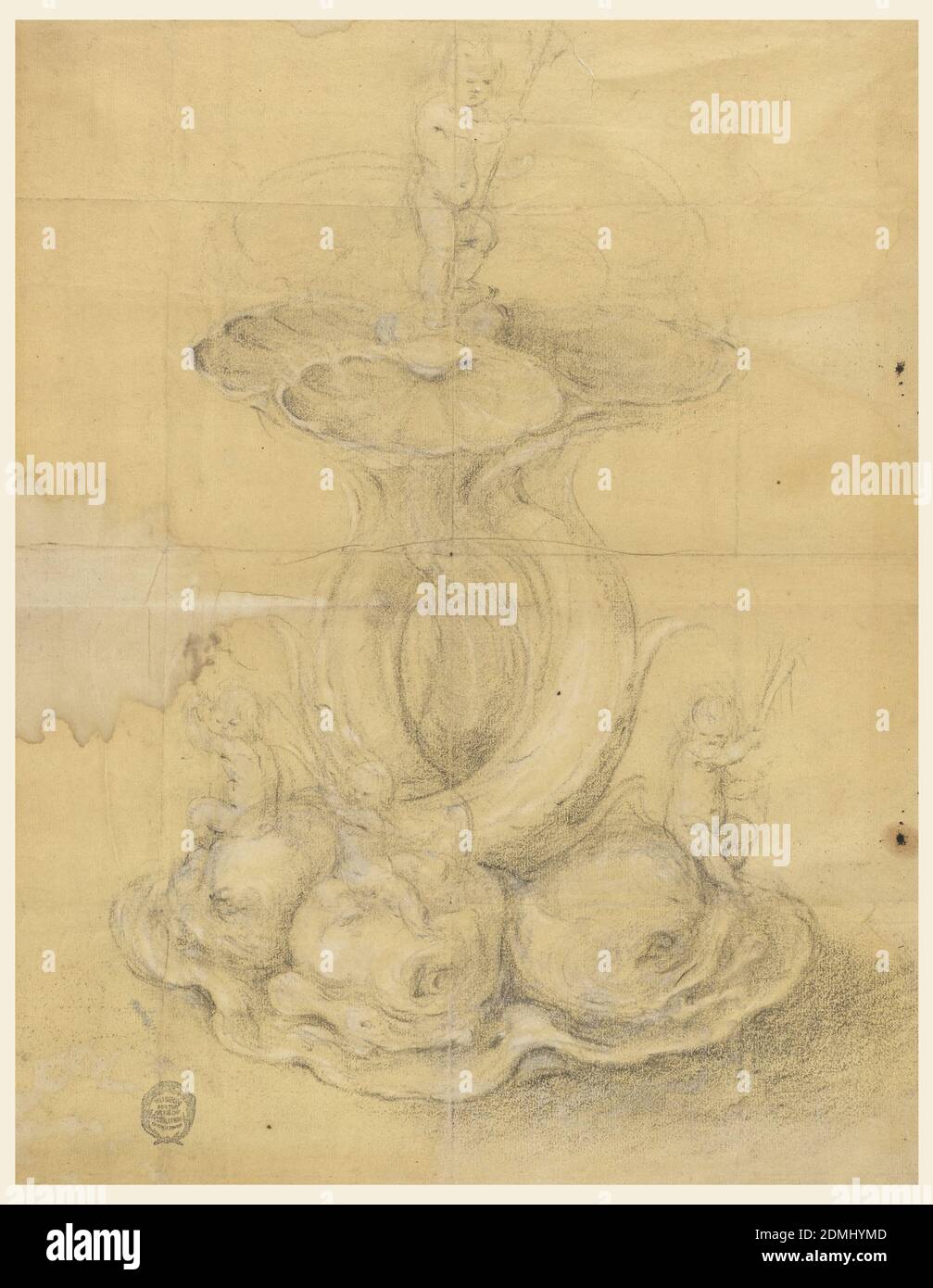 Design per un centrotavola, gesso su carta tan posed, progetta un centrotavola da eseguire in metallo; quattro code intrecciate di delfini supportano quattro conchiglie. Le figure dei putti che tengono le canne si siedono sulla testa dei delfini. Un altro bambino che porta un tridente si trova sulle conchiglie, sopra., Paesi Bassi, 1630–60, metallurgia, disegno Foto Stock