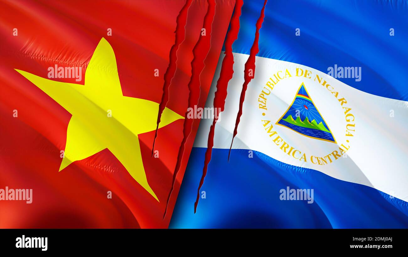 Bandiere del Vietnam e del Nicaragua. Progettazione di bandiere ondulate 3D. Vietnam Nicaragua bandiera, foto, sfondo. Immagine Vietnam vs Nicaragua,rendering 3D. Vietnam Nicar Foto Stock