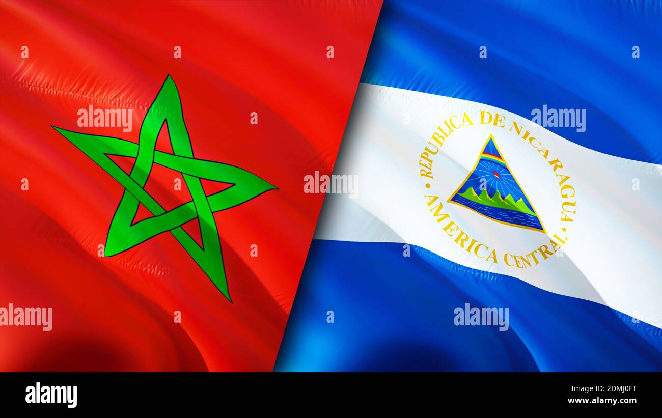 Bandiere del Marocco e del Nicaragua. Progettazione di bandiere ondulate 3D. Marocco Nicaragua bandiera, foto, sfondo. Immagine Marocco vs Nicaragua,rendering 3D. Marocco Nicar Foto Stock