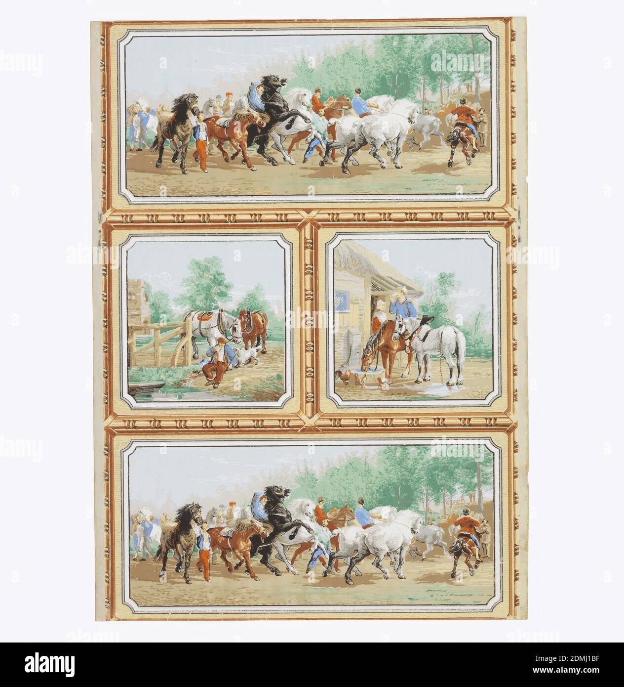 La Fiera del Cavallo, macchina stampata su carta continua, rettangolo verticale, disegno a blocchi di ashlar diviso da una struttura di perline architettoniche e stampaggio a bobina in giallo e marrone in due lunghi rettangoli, superiore e inferiore, con due quadrati tra. I rettangoli superiore e inferiore contengono una copia gratuita della "Fiera del Cavallo" di Rosa Bonheur. Le piazze centrali mostrano figure e cavalli. Stampato in rosso, blu, verde e giallo., Francia, 1855–75, Wallcoverings, parete laterale, parete laterale Foto Stock