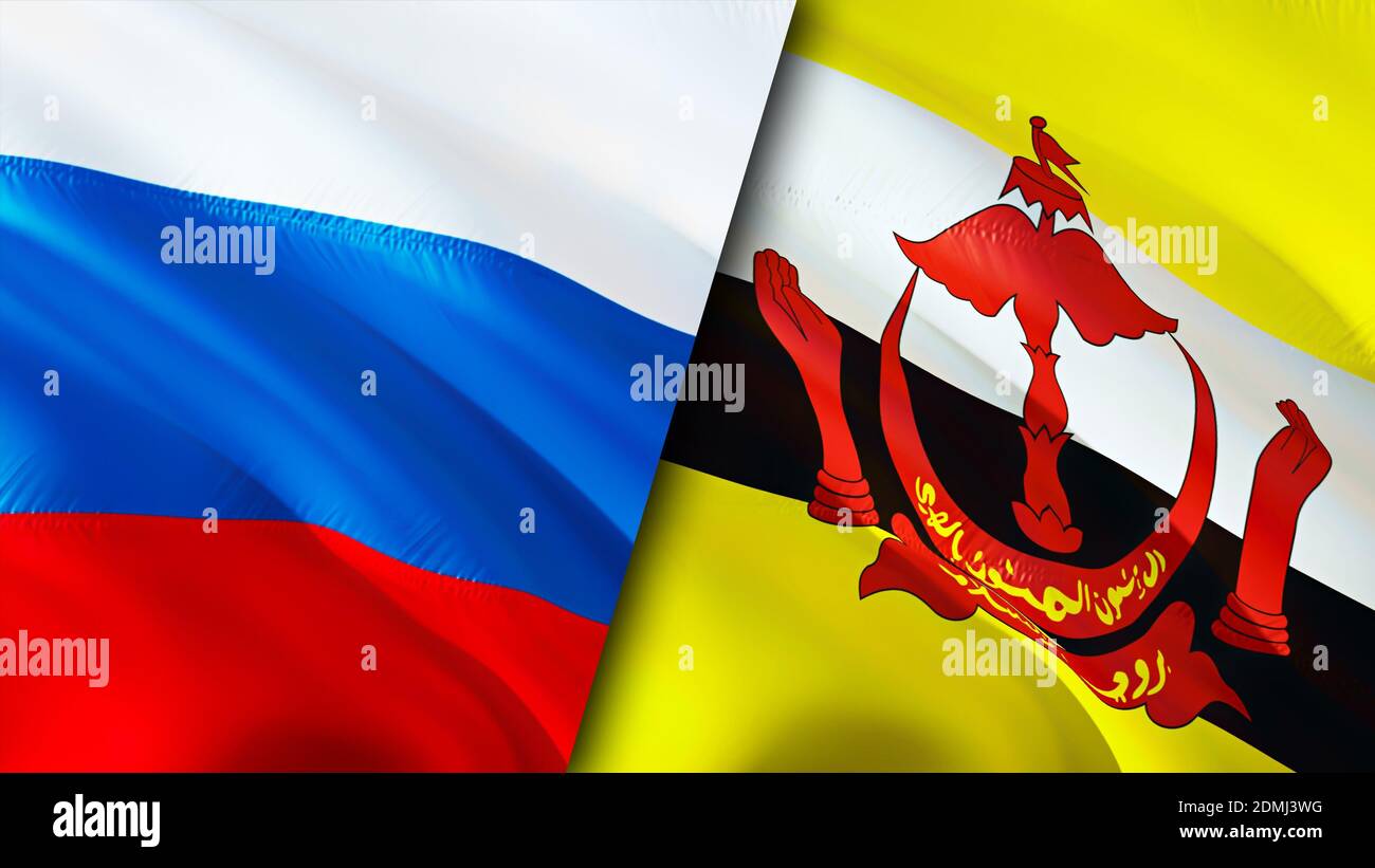 Bandiere della Russia e del Brunei. Progettazione di bandiere ondulate 3D. Russia Brunei bandiera, foto, sfondo. Immagine Russia vs Brunei, rendering 3D. Russia Brunei relazioni a Foto Stock