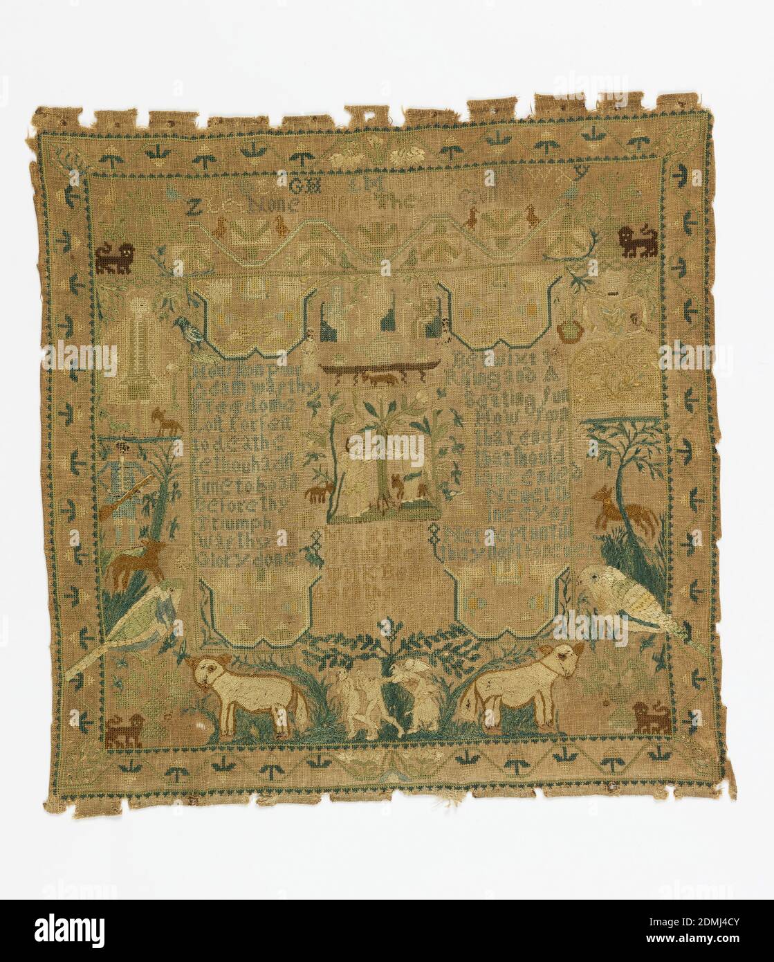 Campionatore, Margaret Grant, americano, Medio: Ricamo di seta e lino su fondazioni di lino tecnica: Ricamato a croce a due lati, gambo, bottone, satinato, E lunghe maglie a croce armata su fondamenta di tessitura piana, il campo contiene un alfabeto, diverse scene e figure sparse, tra cui i tre Fati, Adamo ed Eva nel Giardino dell'Eden, l'espulsione, una donna e un Signore in costume contemporaneo, un cacciatore, pecore e uccelli, un verso in due colonne, E firma, tutto all'interno di un bordo floreale stilizzato., il verso dice:, nessuno disprezzare il crisso di fila Foto Stock
