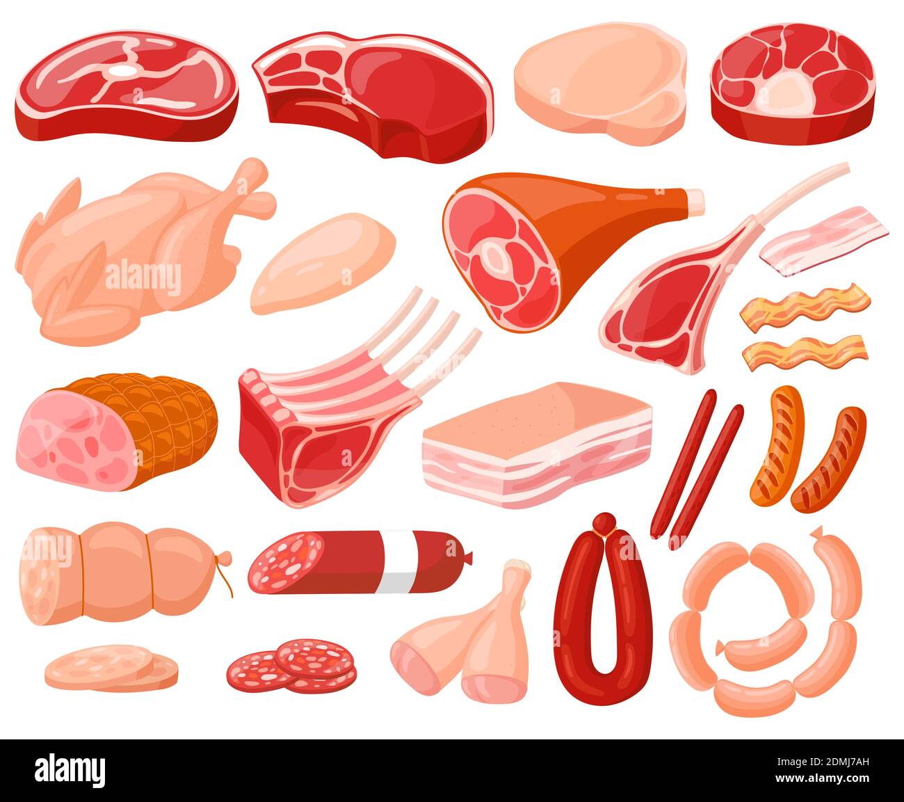 Prodotti a base di carne. Negozio di prodotti alimentari Cartoon Butchery, pollo, bistecca di manzo, maiale, costolette di prima qualità, fetta di pancetta e salsicce. Illustrazioni vettoriali di alimenti a base di carne fresca Illustrazione Vettoriale